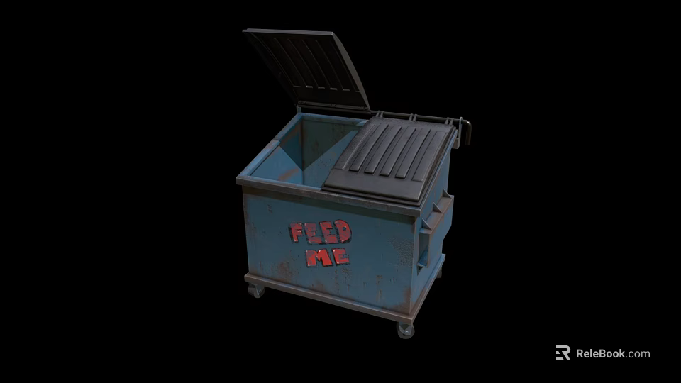 Public Blue Trash Can With Open Lid And Feed Me Text On Wheels 3d model 