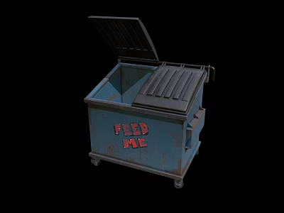 Public Blue Trash Can With Open Lid And Feed Me Text On Wheels 3d model