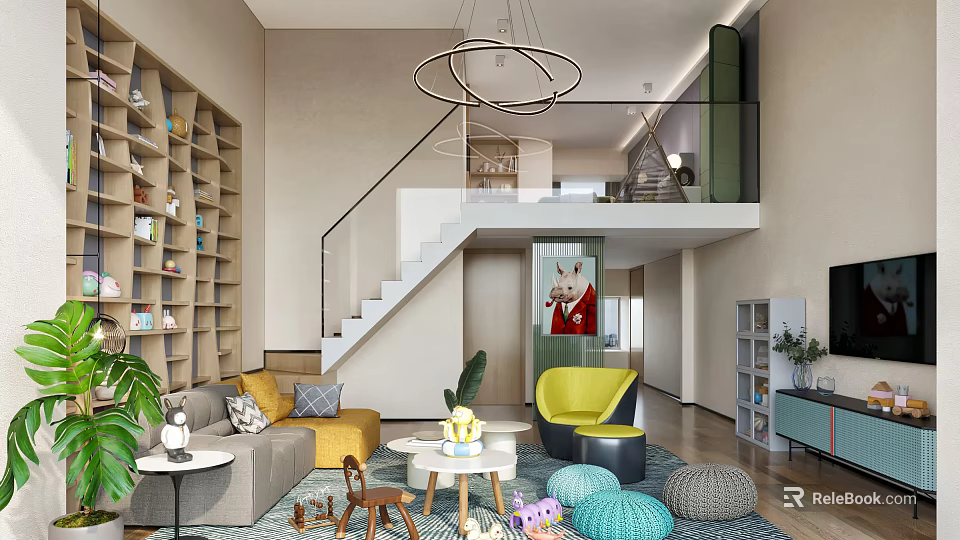 Modern Loft Apartment Interior With Cozy Living Space And Staircase 3d model 