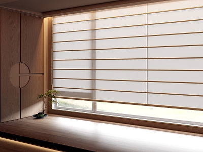 Japanese Curtain Blackout Curtain Folding Curtain Roman Curtain Linen Curtain Tatami Windowsill Green Plant Potted Plant 3d model