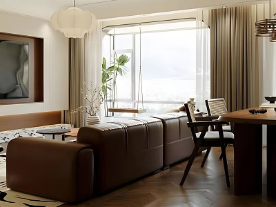 Modern Living Dining Room Interior With Brown Leather Sofa Dining Table And Chairs 3d model