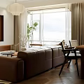 Modern Living Dining Room Interior With Brown Leather Sofa Dining Table And Chairs