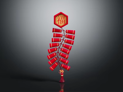 Traditional Chinese New Year Red Firecrackers Decoration With Top Fu Character 3d model