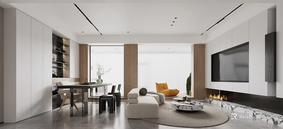 Modern Living Room Interior With Sofa Fireplace And Large Windows 3d model