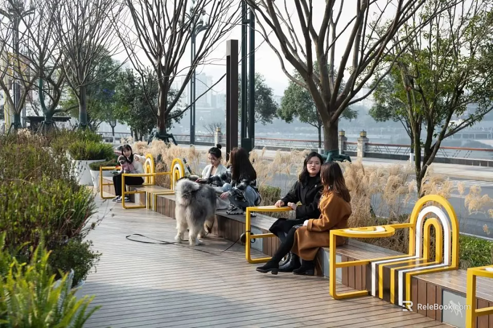 Modern Park Landscape With Yellow Benches People Dog Trees Green Plants And Wooden Walkway 3d model 