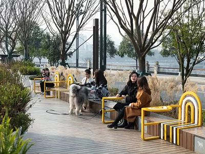 Modern Park Landscape With Yellow Benches People Dog Trees Green Plants And Wooden Walkway 3d model
