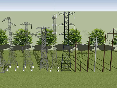 Road Infrastructure With Electricity Pylons Power Poles and Lush Trees 3d model