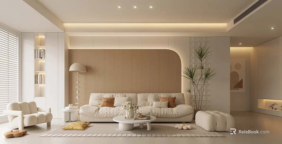 Modern Minimalist Living Room Interior With Beige Sofa And Plants 3d model 