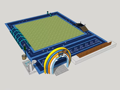 Outdoor Recreational Space With Green Lawn Colorful Striped Arch And Blue Structure 3d model