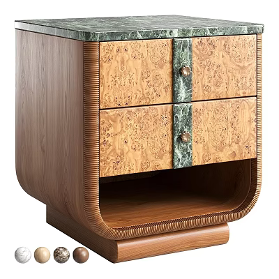 Elegant Wooden Bedside Table With Patterned Drawers And Green Accent Panels 3d model
