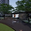 Modern Residential Landscape With Tall Buildings Green Trees Lawn Wooden Deck Outdoor Screen And Lighting
