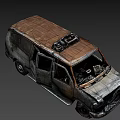 Old Burned Rusty Van With Damaged Front And Worn Tires 3d model