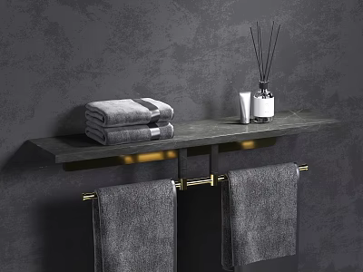 Bathroom Wall Shelf with Folded Towels Aromatherapy Diffuser and Golden Towel Racks on Gray Wall 3d model