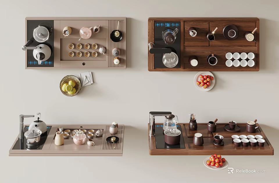 Organized Tea Set Wall Mounted Display with Teapots Cups Trays and Fruits 3d model 