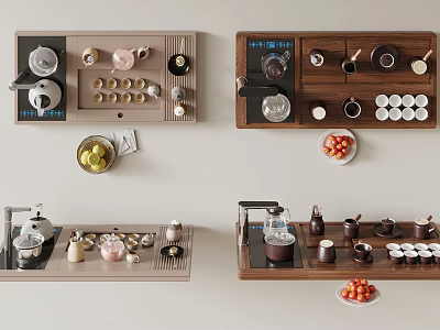 Organized Tea Set Wall Mounted Display with Teapots Cups Trays and Fruits 3d model