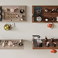 Organized Tea Set Wall Mounted Display with Teapots Cups Trays and Fruits