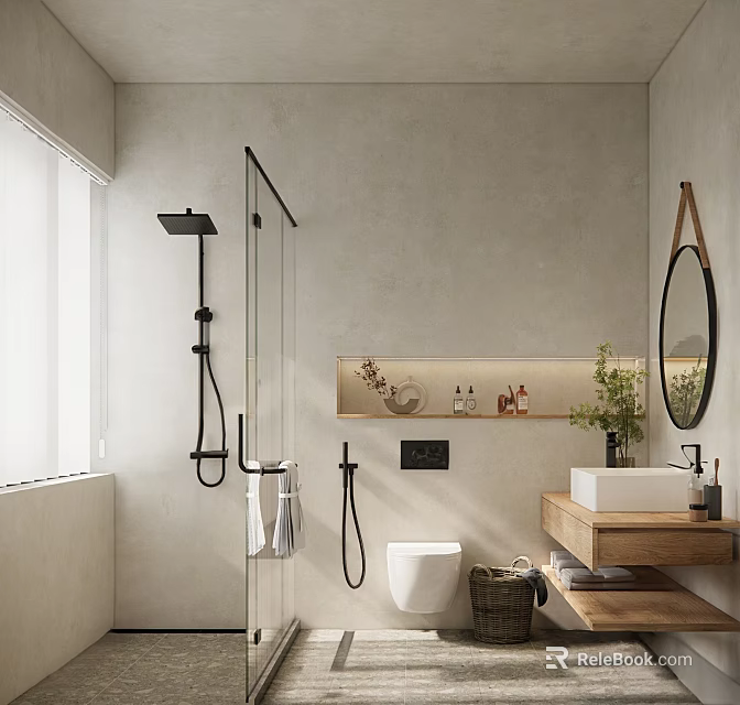 Modern Minimalist Bathroom Interior With Glass Shower Black Fixtures Wooden Vanity And Round Mirror 3d model 
