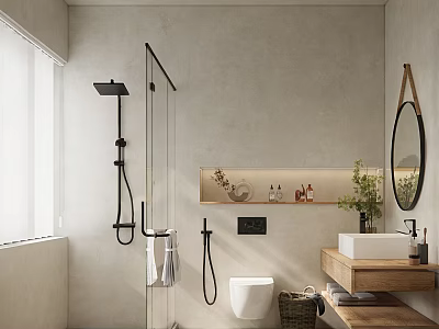 Modern Minimalist Bathroom Interior With Glass Shower Black Fixtures Wooden Vanity And Round Mirror 3d model
