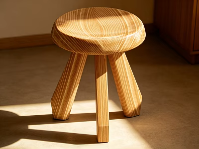 Natural Wooden Stool With Round Seat Three Legs And Wood Grain In Natural Light 3d model