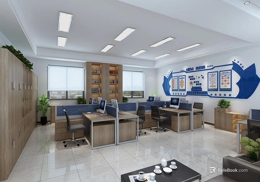 Bright Modern Public Office Space With Desks Computers Chairs Windows Bookshelves And Green Plants 3d model 