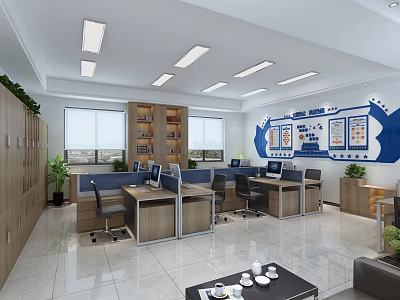 Bright Modern Public Office Space With Desks Computers Chairs Windows Bookshelves And Green Plants 3d model