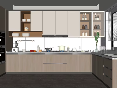 Modern Kitchen Interior Design With White Wooden Cabinets Countertop And Appliances 3d model