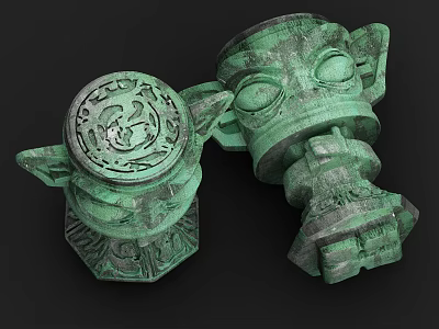 Green Stone Sculpture Carving With Intricate Patterns And Tribal Facial Features 3d model