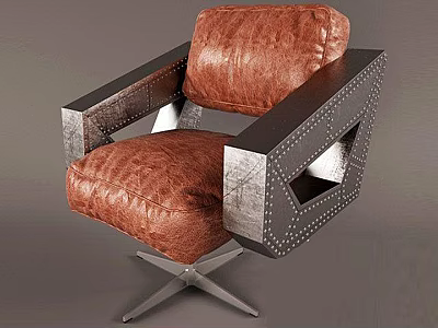 Modern Office Chair With Brown Leather Seat Back Metal Armrests Rivets And Star Shaped Base 3d model