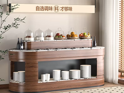 Wooden Functional Table With Glass Dome Containers Fruits Plates And Cups 3d model