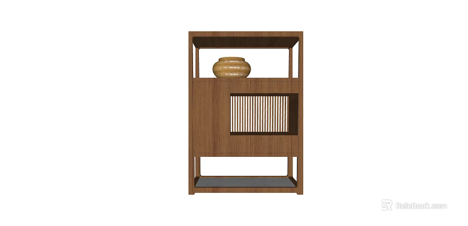 Wooden Entryway Cabinet Sideboard With Slatted Panel And Ceramic Vase Decoration 3d model 