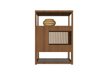 Wooden Entryway Cabinet Sideboard With Slatted Panel And Ceramic Vase Decoration 3d model