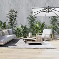 Modern Outdoor Sofa with Green Plants and Patio Umbrella on Wooden Deck
