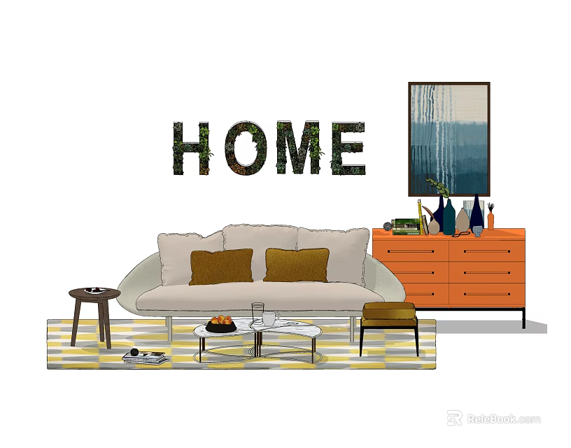 Light Sofa And Coffee Table Set With Brown Pillows Striped Rug Orange Cabinet And Wall Art 3d model 