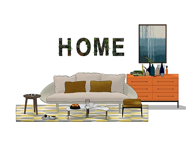Light Sofa And Coffee Table Set With Brown Pillows Striped Rug Orange Cabinet And Wall Art 3d model