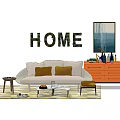 Light Sofa And Coffee Table Set With Brown Pillows Striped Rug Orange Cabinet And Wall Art