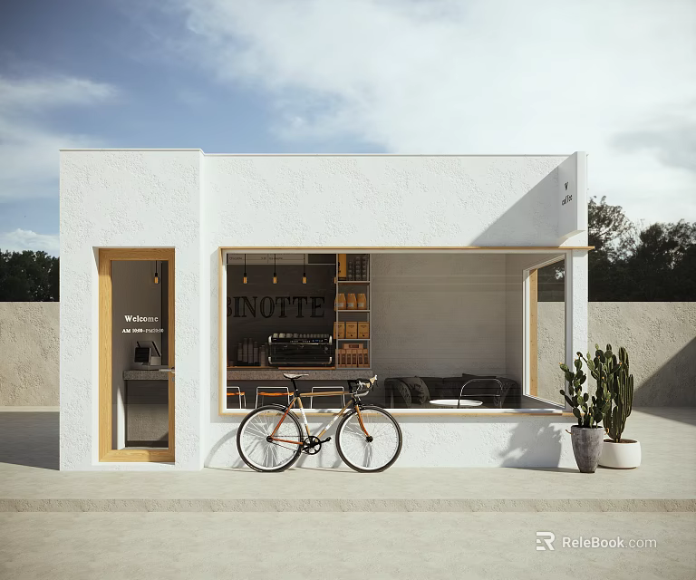 White Building Storefront With INOTTE Sign Window Bookshelves Sofa Bicycle And Cactus Plant 3d model 