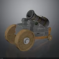Vintage Medieval Cannon Cart Structure With Wooden Wheels And Metal Barrel