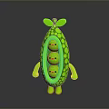 Cute Green Cartoon Pea Pod Character With Three Little Peas Round Dots And Leafy Top