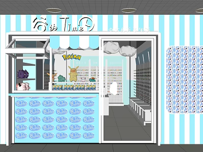 Pokémon Themed Specialty Store With Blue Striped Exterior Cloud Decorations Counter and Shelves 3d model