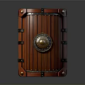 Medieval Wooden Shield with Metal Accents Circular Emblem Rivets and Leather Straps