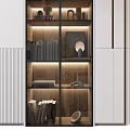 Elegant Contemporary Display Cabinet With Glass Doors Illuminated Shelves And Decorative Items