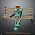 Green Robot Sitting On Wooden Bench With Red Hat And Mechanical Arm