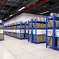 Organized Industrial Warehouse Storage With Blue Metal Shelves And Cardboard Boxes