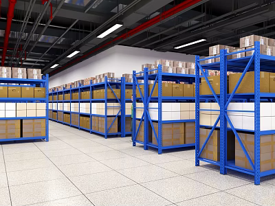 Organized Industrial Warehouse Storage With Blue Metal Shelves And Cardboard Boxes 3d model