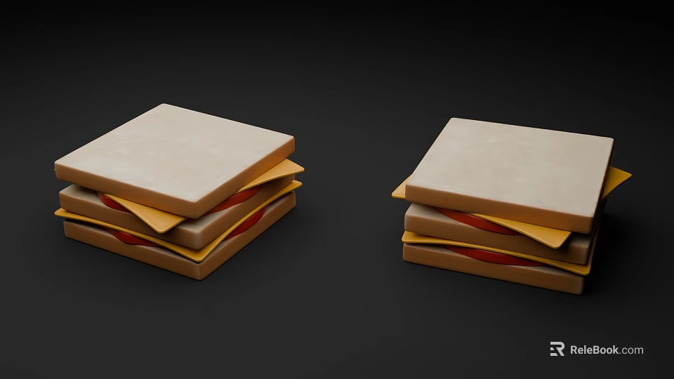 Two Delicious Layered Sandwiches with White Bread Yellow Cheese and Red Sauce on Dark Background 3d model 