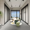 Modern Minimalist Interior With Gray Walls Glass Cabinets Black Table Blue Chairs And Rabbit Sculpture