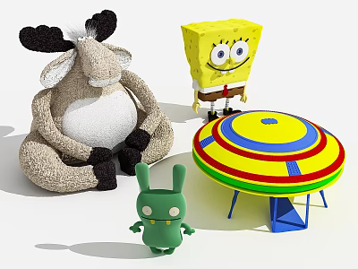 Plush Moose SpongeBob And Green Rabbit Stuffed Toys With Colorful Round Table 3d model