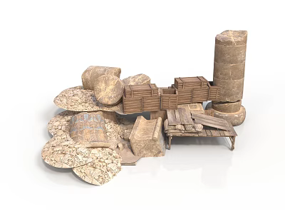 Modern Natural Construction Materials Collection With Stones Bricks And Wooden Planks 3d model