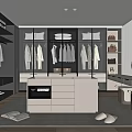 Modern Walk In Closet Interior With Hanging Clothes Cabinets Dressing Table And Mirror