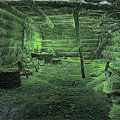 Log Cabin Interior With Log Walls Wooden Rafters Snow Covered Floor Wooden Table And Bed